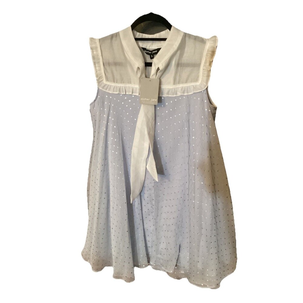 Sister Jane Mini Dress Babydoll Bow Layered Blue With Silver Stars Sz Small New